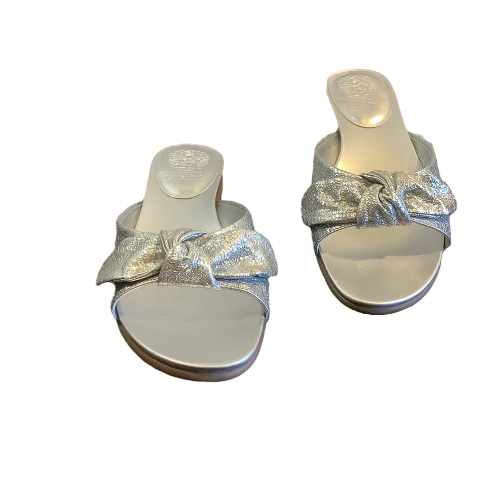 Vince Camuto Ejella Metallic Silver Leather Bow Slide Sandals -Size 9M